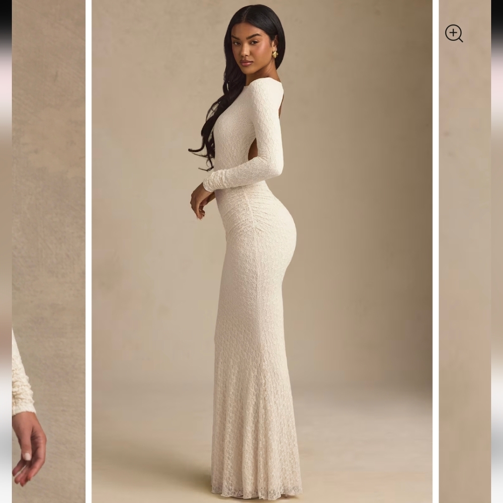 NWT Oh Polly Tarini Ruched Backless Lace Maxi Dress in Ivory, Size S - Picture 8 of 11